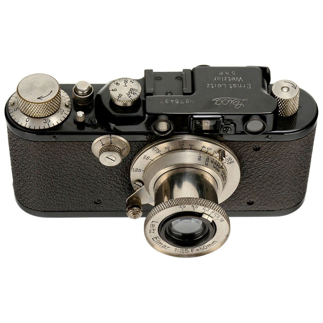 Leica II (D) with Elmar 50 mm, 1932: Leica II (D) with Elmar 50 mm, 1932 Leitz, Wetzlar. Leica II, no. 75437, converted to Leica III (without strap lugs), black/nickel, Elmar 3,5/50 mm, no. 139884, nickel, meter. Leica II (D) mit Elmar 5