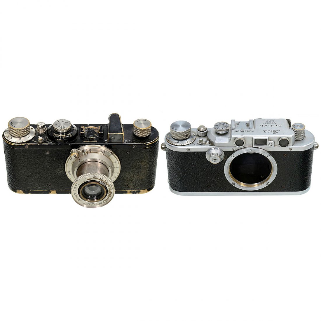 Leica I (A) Converted and Leica IIIa (G): Leica I (A) Converted and Leica IIIa (G) Leitz, Wetzlar. 1) Leica I (A), 1931, no. 63971, converted to I (C), standardized lens mount, round accessory shoe, Elmar 3,5/50 mm, without serial number, eng