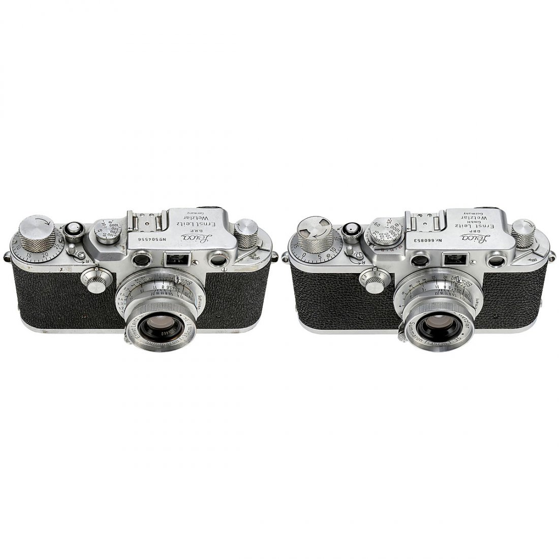 Leica IIIc und IIIf: Leica IIIc und IIIf Leitz, Wetzlar. 1) Leica IIIc, no. 504556, 1950, "sharkskin" vulkanite, Summaron 3,5/3,5 cm, no. 1306660, for A-36 filters, meter, internal staining. (3/3) – And: 2) Leica IIIf, 
