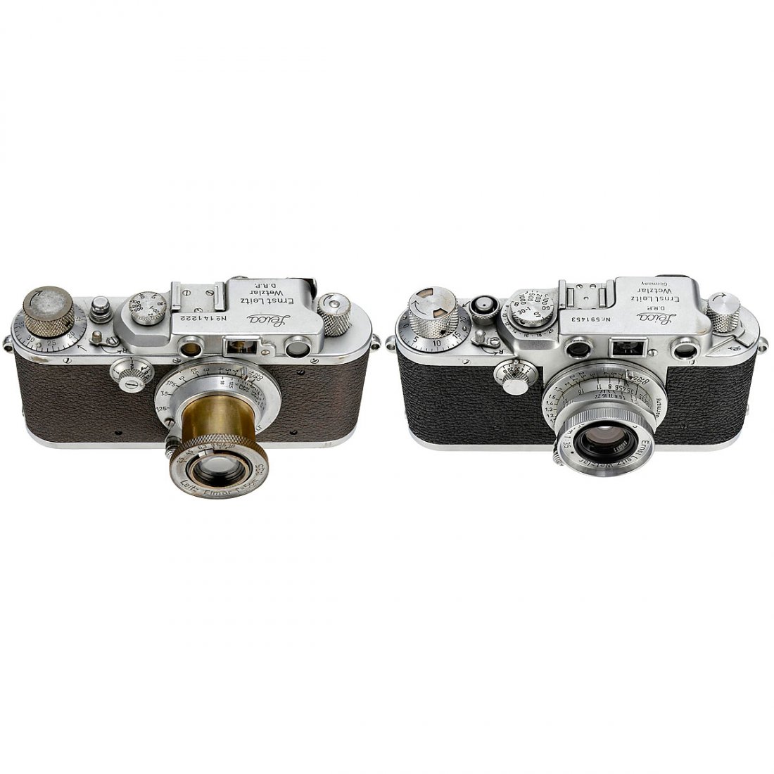Leica III and IIIf: Leica III and IIIf Leitz, Wetzlar. 1) Leica III (F), no. 141222, 1934, chrome. Elmar 3,5/5 cm, meter. (3-/3) – 2) Leica IIIf, no. 591453, 1951, black-dial synchronization, slow speeds sluggish. (3/3