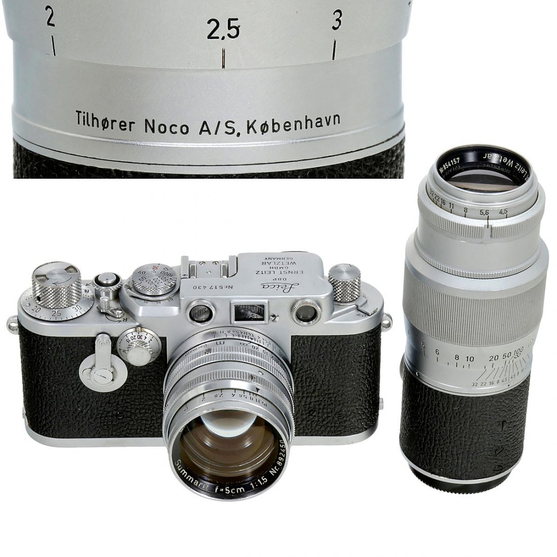 Leica IIIc/IIIf Copenhagen, 1950: Leica IIIc/IIIf Copenhagen, 1950 Leitz, Wetzlar. 1) Leica IIIc converted to IIIf, no. 517430, black-dial synchronization, selftimer, slow speeds stuck. – 2) Summarit 1,5/5 cm, no. 892450, meter. –