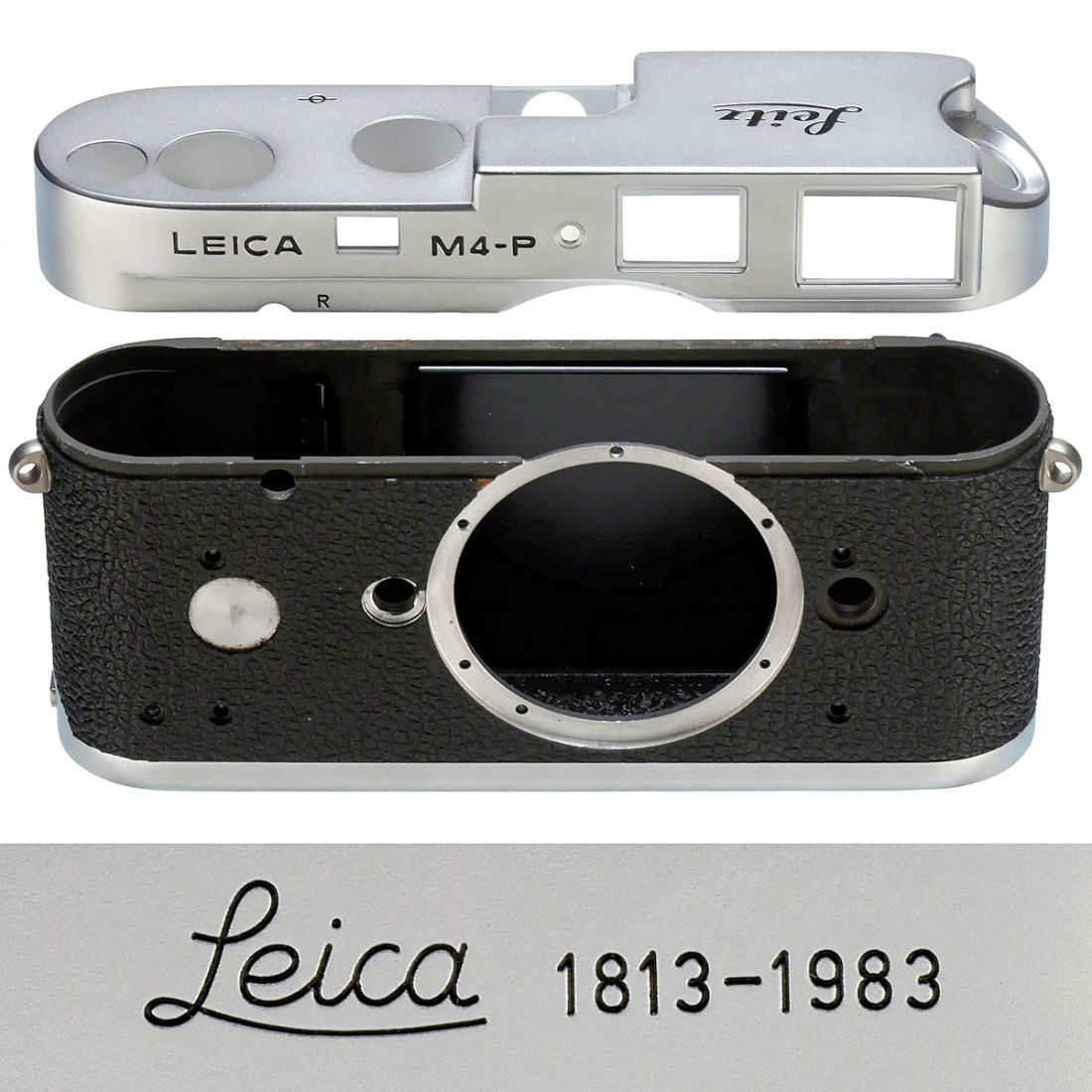Leica M4-P Blank (Mis-Engraved: 1813–1983): Leica M4-P Blank (Mis-Engraved: 1813–1983) Leitz, Canada. Blank with cover plate and baseplate. Mis-engraved: "Leica 1813–1983". Leica M4-P Rohling (Fehlgravur: 1813–1983) Leitz, Canada. Rohling