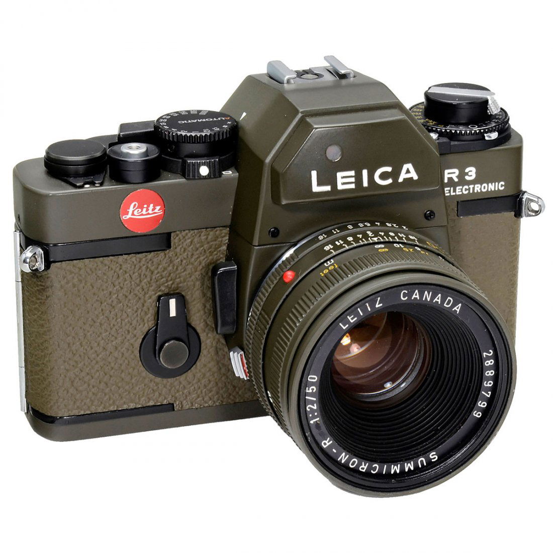 Leica R3 electronic "Safari", 1978: Leica R3 electronic "Safari", 1978 1) Leitz, Portugal. Leica R3 electronic, special green Safari look, no. 1483068, number of limited edition I 999. – And: 2) Leitz, Canada. Summicron-R 2/50 mm, no.