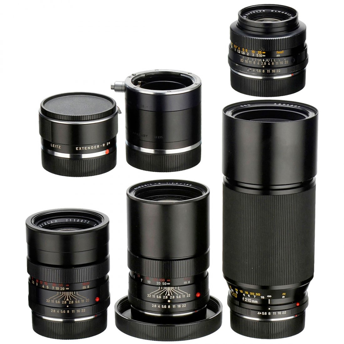 4 Leica R Lenses: 4 Leica R Lenses Leitz, Wetzlar. 1) Elmarit-R, 2,8/35 mm, no. 2430175, 2-cam (3/3) – 2) Elmarit-R 2,8/90 mm, no. 2110072, 2-cam. (2-/2) – 3) Elmarit-R 2,8/135 mm, no. 2139261, 1-cam. (2-/2) – 4)