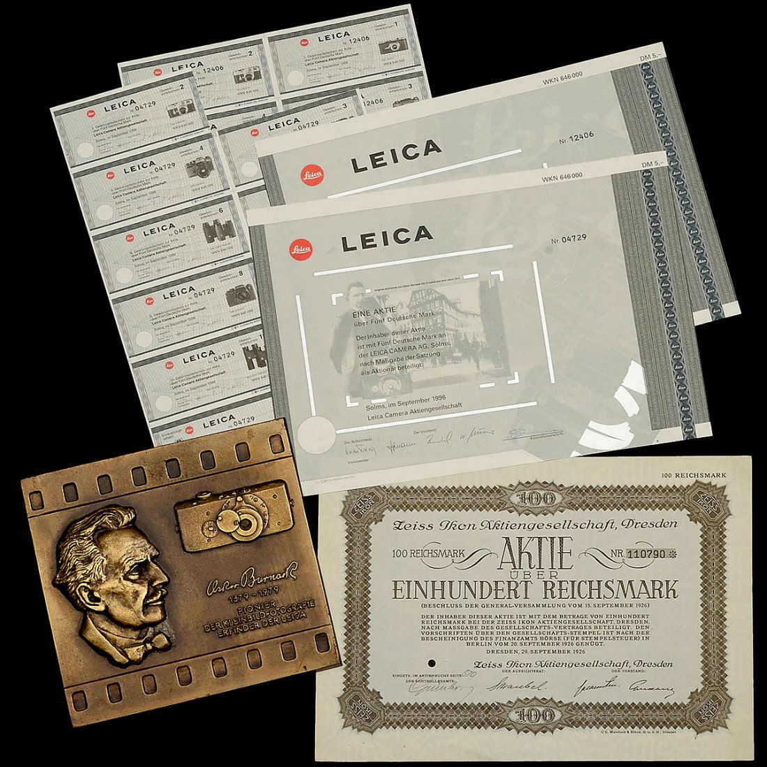 Leica Shares: Leica Shares 1–2) Leica shares with DM 5,- value. – 3) Oskar Barnack bronze plaque, 7 ½ x 7 in. – In addition: Zeiss Ikon share for 100 Reichsmark. Leica-Aktien 1) Leica-Aktien über DM 5,- mit