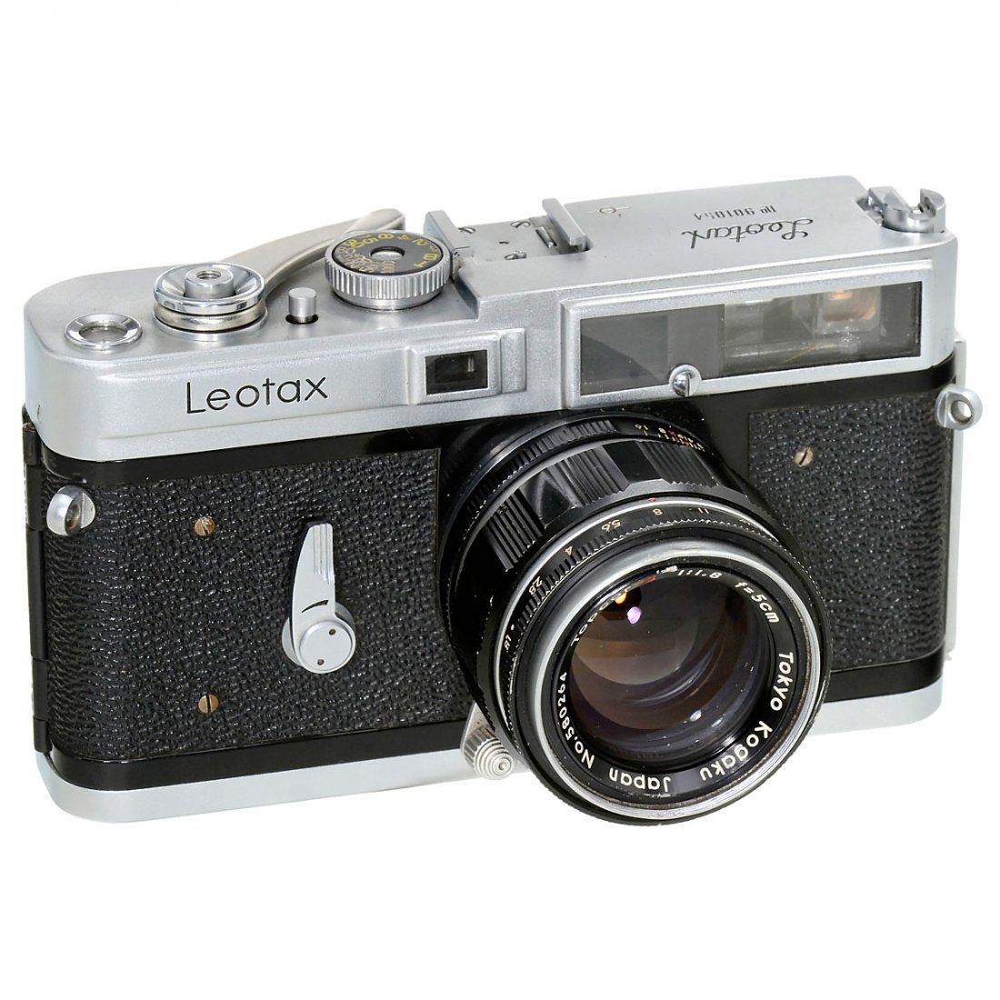 Leotax G, 1961: Leotax G, 1961 Leotax Camera Co., Japan. No. 901054, an approximate copy of the Leica M3 (rapid-wind lever, film counter, release button), Topcor-S 1,8/5 cm, M39, metric. Leotax G, 1961 Leotax Camera 
