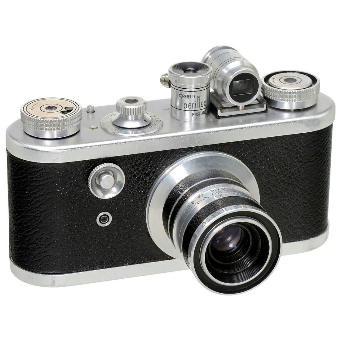 Corfield Periflex, 1955: Corfield Periflex, 1955 Corfield, England. Periflex (1) silver, no. 616141, focal plane shutter, interchangeable Lumar-X 3,5/50 mm lens. Attractive Leica copy with periscope reflex viewfinder and opti