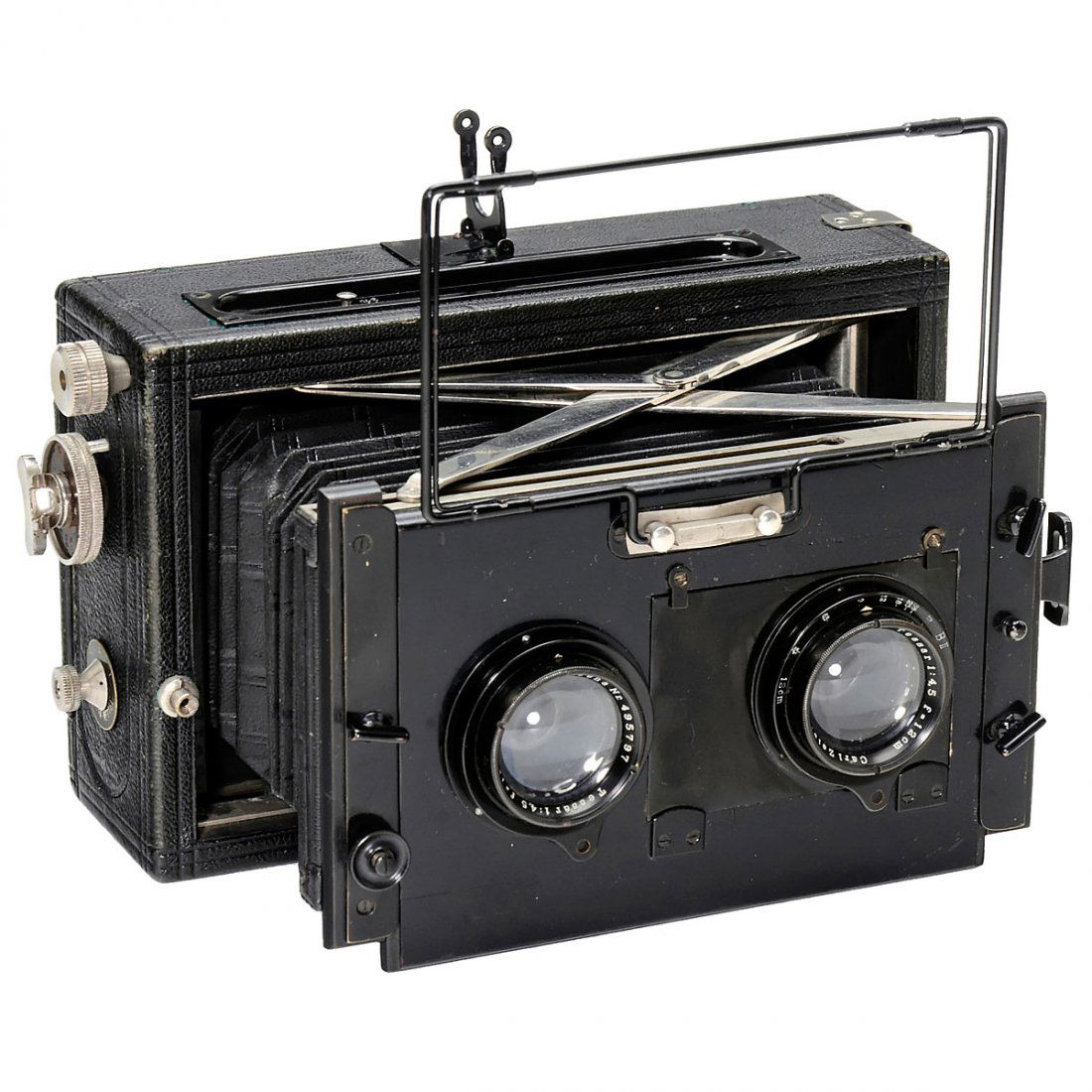 Deckrullo-Nettel Stereo 6 x 13, 1920: Deckrullo-Nettel Stereo 6 x 13, 1920 Contessa-Nettel, Stuttgart. Strut-folding stereo camera for plates of 6 x 13 cm, lenses: Carl Zeiss Jena Tessar 4,5/12 cm, iris diaphragms 4,5 to 36 (coupling bar