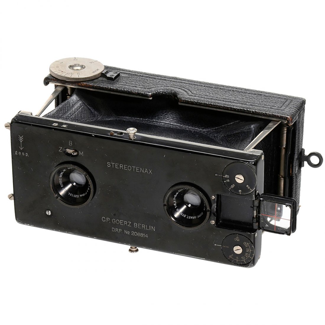 Goerz Stereotenax 45 x 107, c. 1915: Goerz Stereotenax 45 x 107, c. 1915 C.P. Goerz, Berlin. Strut-folding stereo camera for plates and sheet film of 45 x 107 mm, lenses: Goerz Dopp.-Anastigmat Syntor 6,3/6 cm, three-blade shutter Z, B, 