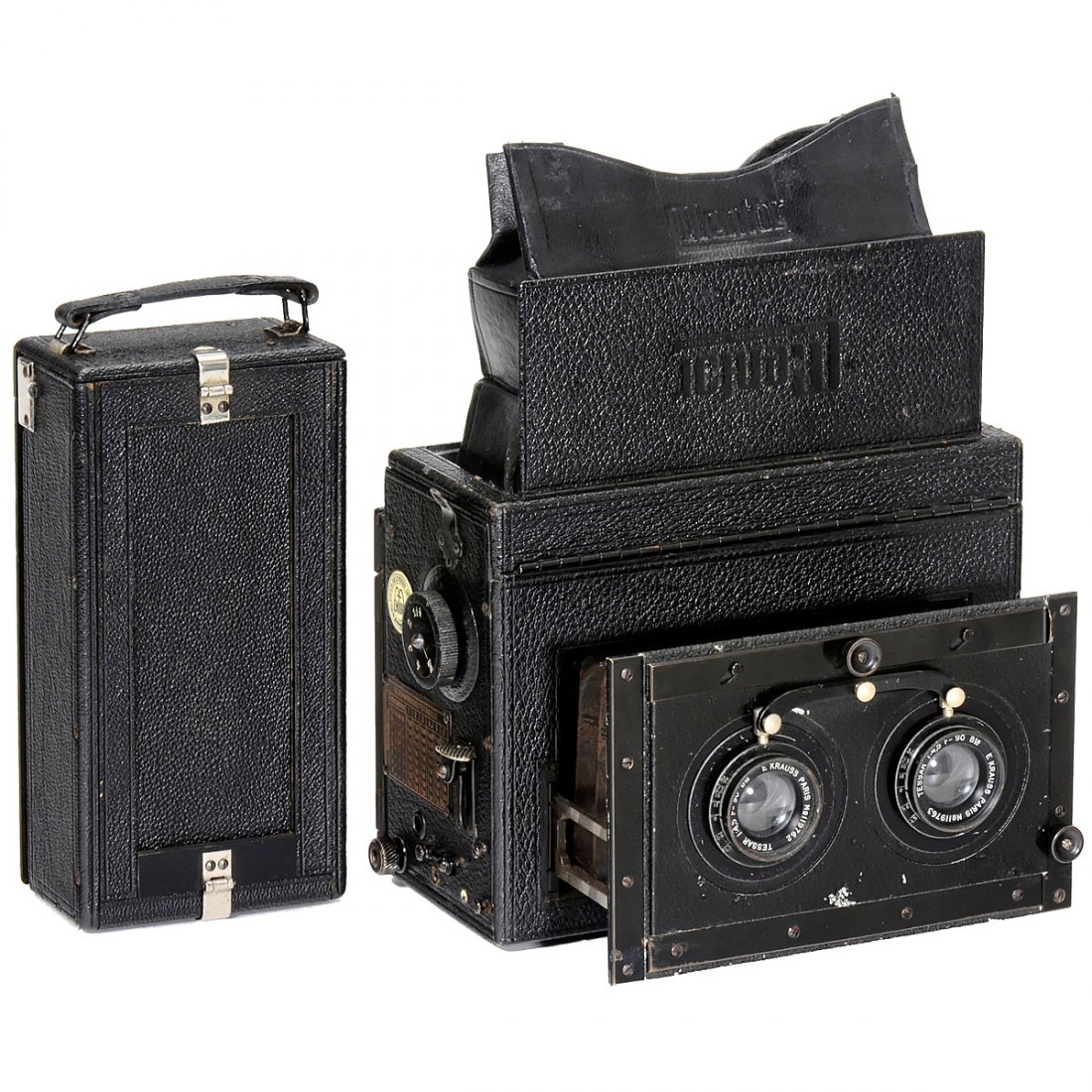 Mentor Stereo-Reflex 6 x 13, c. 1915: Mentor Stereo-Reflex 6 x 13, c. 1915 Goltz & Breutmann, Dresden. Mirror-reflex stereo camera for plates of 6 x 13 cm, image size 5,5 x 6 cm, lenses: E. Krauss Paris Tessar 4,5/90 mm, iris-type diaphra