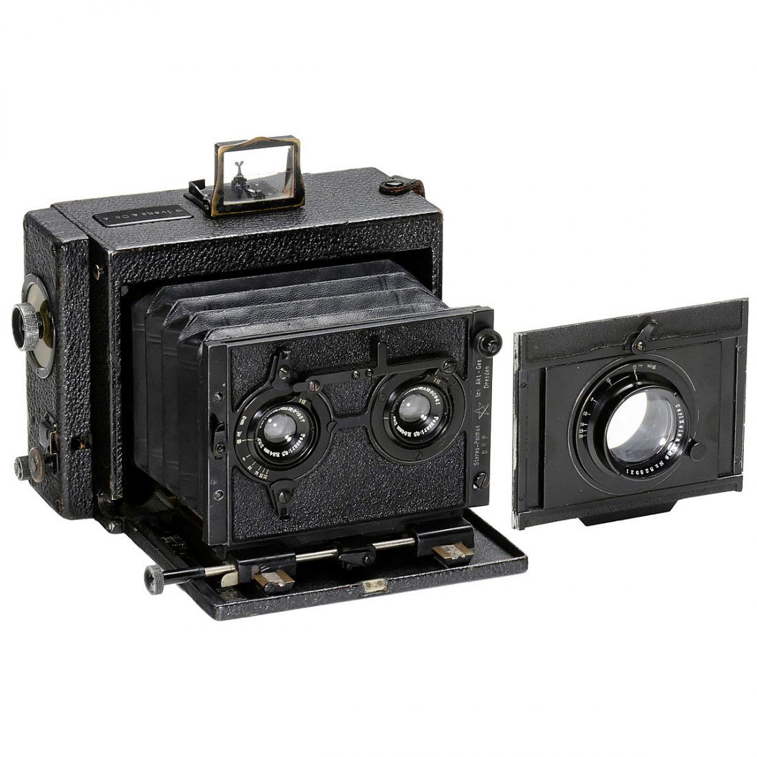 Ica Stereo-Klapp-Palmos 9 x 12, 1912: Ica Stereo-Klapp-Palmos 9 x 12, 1912 Ica AG, Dresden. Folding-bed stereo camera for plates of 9 x 12 cm, image size 8,5 x 5 cm, lenses: Carl Zeiss Jena Tessar 6,3/9 cm, iris diaphragms 6,3 to 36, foca
