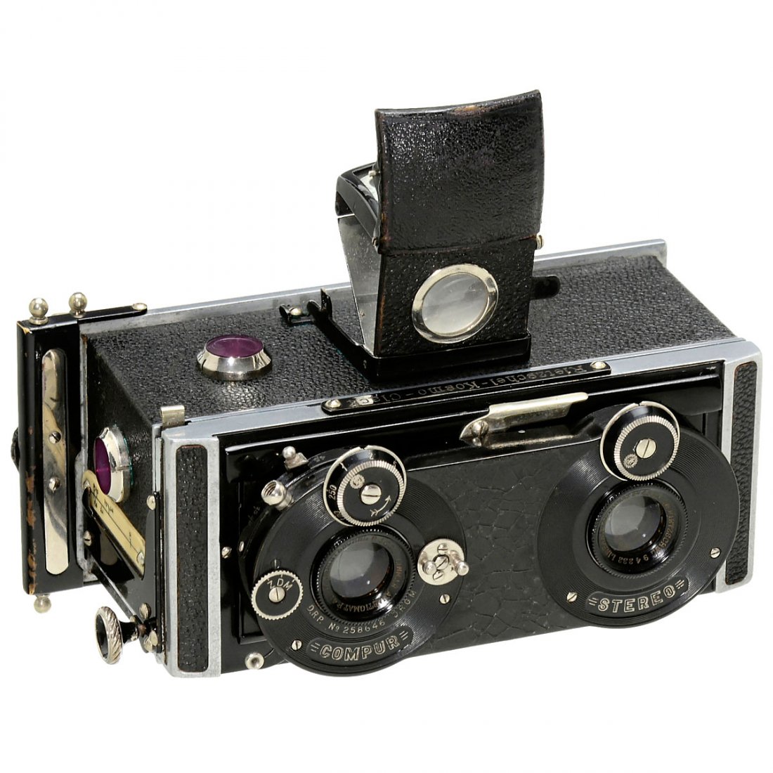 Rietzschel-Kosmo-Clack 45 x 107, 1923: Rietzschel-Kosmo-Clack 45 x 107, 1923 A. Heinrich Rietzschel, Munich. Stereo camera for plates or sheet film of 45 x 107 mm, image size 40 x 50 mm, lenses: Rietzschel Linear Anastigmat 4,5/6,5 cm, Com