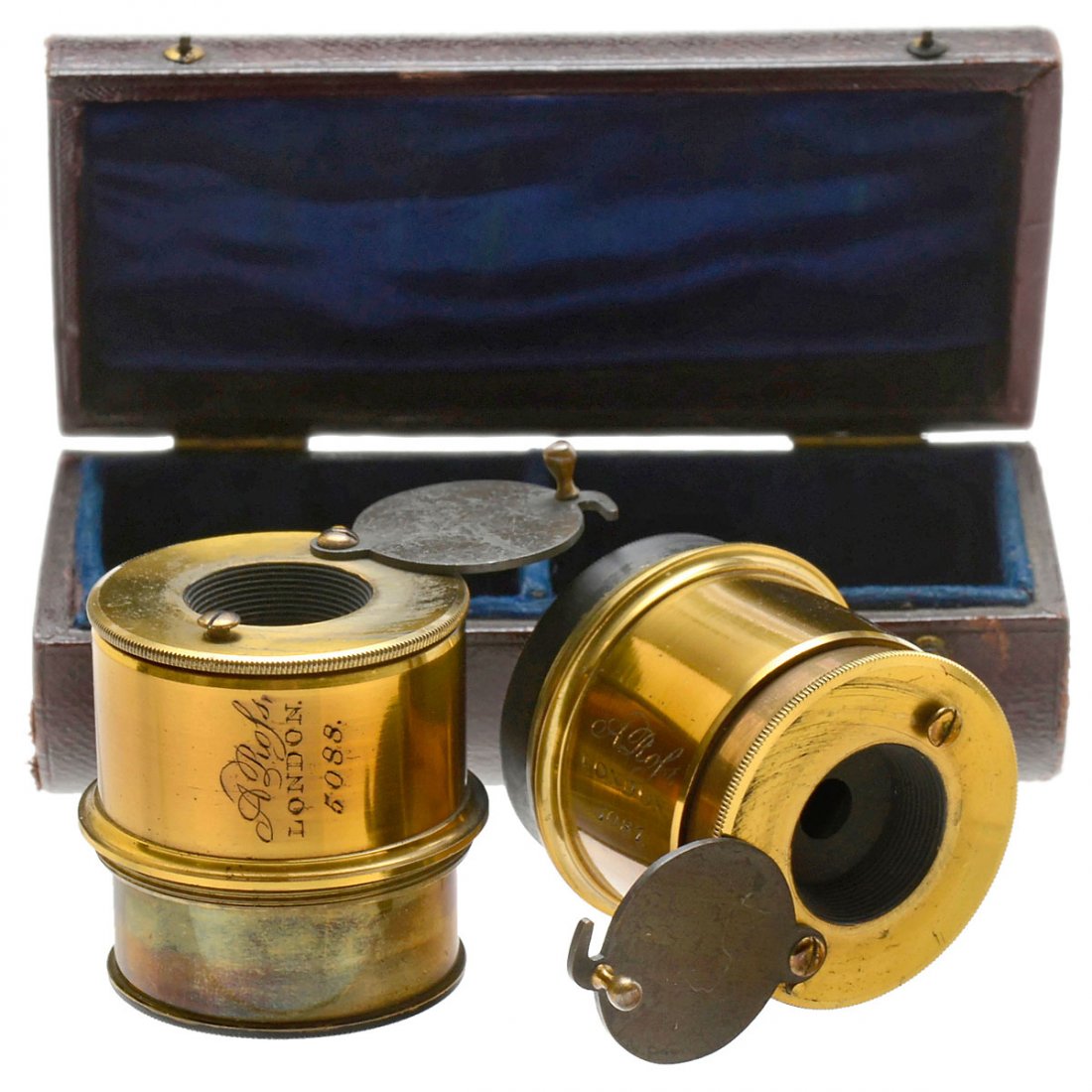 Pair of Stereo Lenses by A. Ross, c. 1860: Pair of Stereo Lenses by A. Ross, c. 1860 Very nice set consisting of 2 classic landscape lenses built by Andrew Ross, nos. 5087 and 5088. Equipped with tilting slides. Height: 45 mm. Diameter lens: a