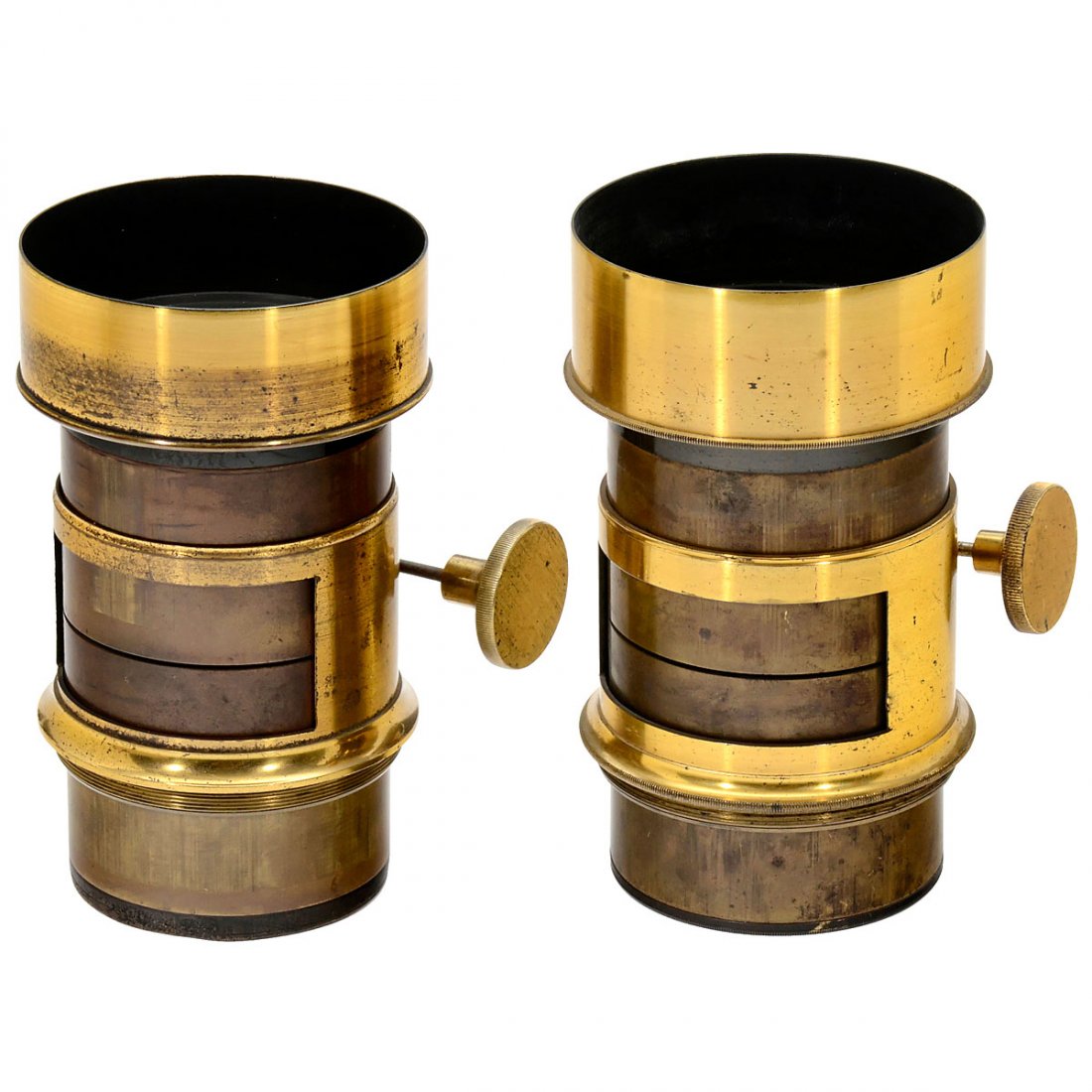 Stereo Lenses by Marion Paris, c. 1862: Stereo Lenses by Marion Paris, c. 1862 Marion, Paris. Focal length approx. 20 cm, Petzval-type lenses, one lens with engraving "Marion & Cie, No. 101", for waterhouse stop, rack-and-pinion focusing, h