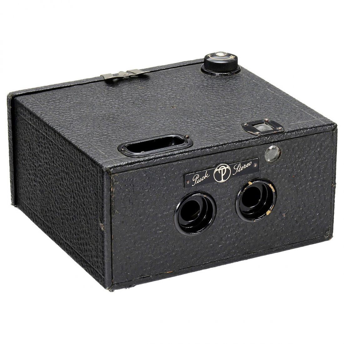 "Puck" Stereo Camera, 1925: "Puck" Stereo Camera, 1925 Thornton-Pickard, Altrincham, England, UK. Box-form stereo camera for rollfilm 620 and 120, image size 6 x 4 cm, lenses: Achromat 12,5/100 mm, guillotine shutter with only
