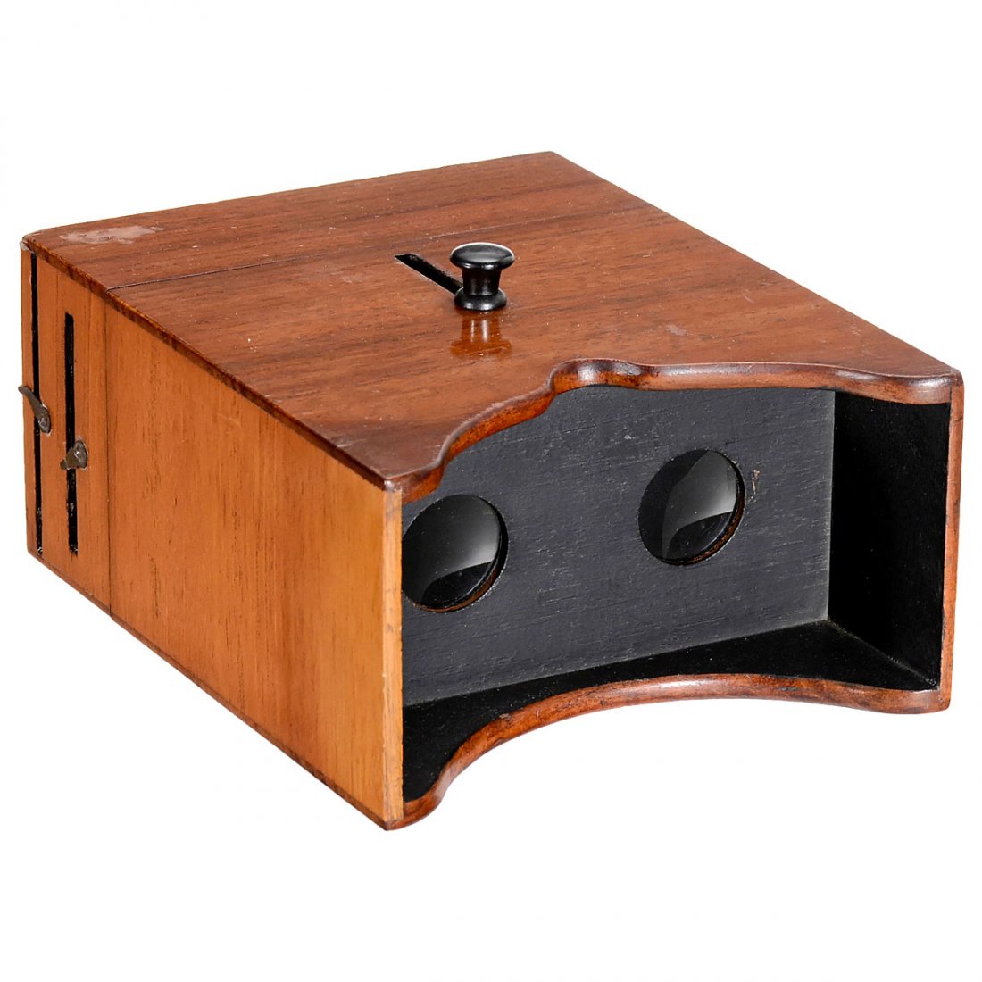Hand Stereo Viewer 6 x 13, c. 1900: Hand Stereo Viewer 6 x 13, c. 1900 Unknown manufacturer, stereo viewer for slides of 6 x 13 cm, polished mahogany body, large viewing hood, sliding box focusing, ground-glass missing. A rare viewer. H