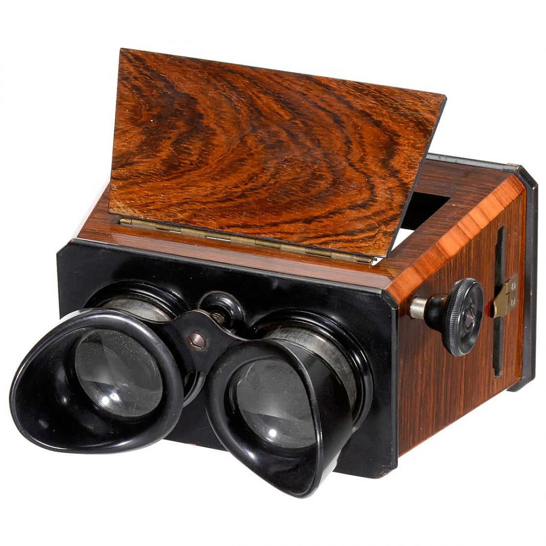 Hand Stereo Viewer 6 x 13, c. 1900: Hand Stereo Viewer 6 x 13, c. 1900 A. Mattey, Paris. Stereo viewer for slides and cards of 6 x 13 cm, mahogany body, focusing by rack and pinion, with original mirror. Hand-Stereobetrachter 6 x 13, um