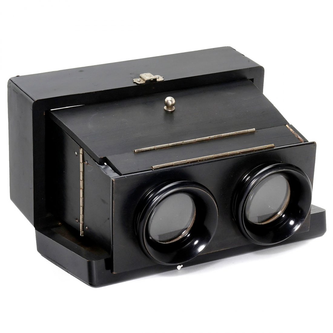Foldable Stereo Viewer 9 x 18, c. 1900: Foldable Stereo Viewer 9 x 18, c. 1900 Unknown manufacturer. Folding wood stereo viewer for cards and slides of 9 x 18 cm, forming a wooden box with leaf decoration when folded, very primitive focusin