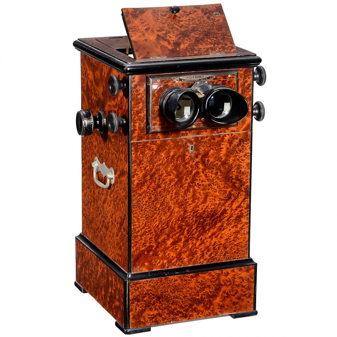 Unis France Table-Top Series Stereo Viewer (6 x 13), c.: Unis France Table-Top Series Stereo Viewer (6 x 13), c. 1890 A. Mattey, Paris. Series viewer with endless-chain transport for stereo cards of glass slides of 6 x 13 cm, large oculars, rack-and-pinion 