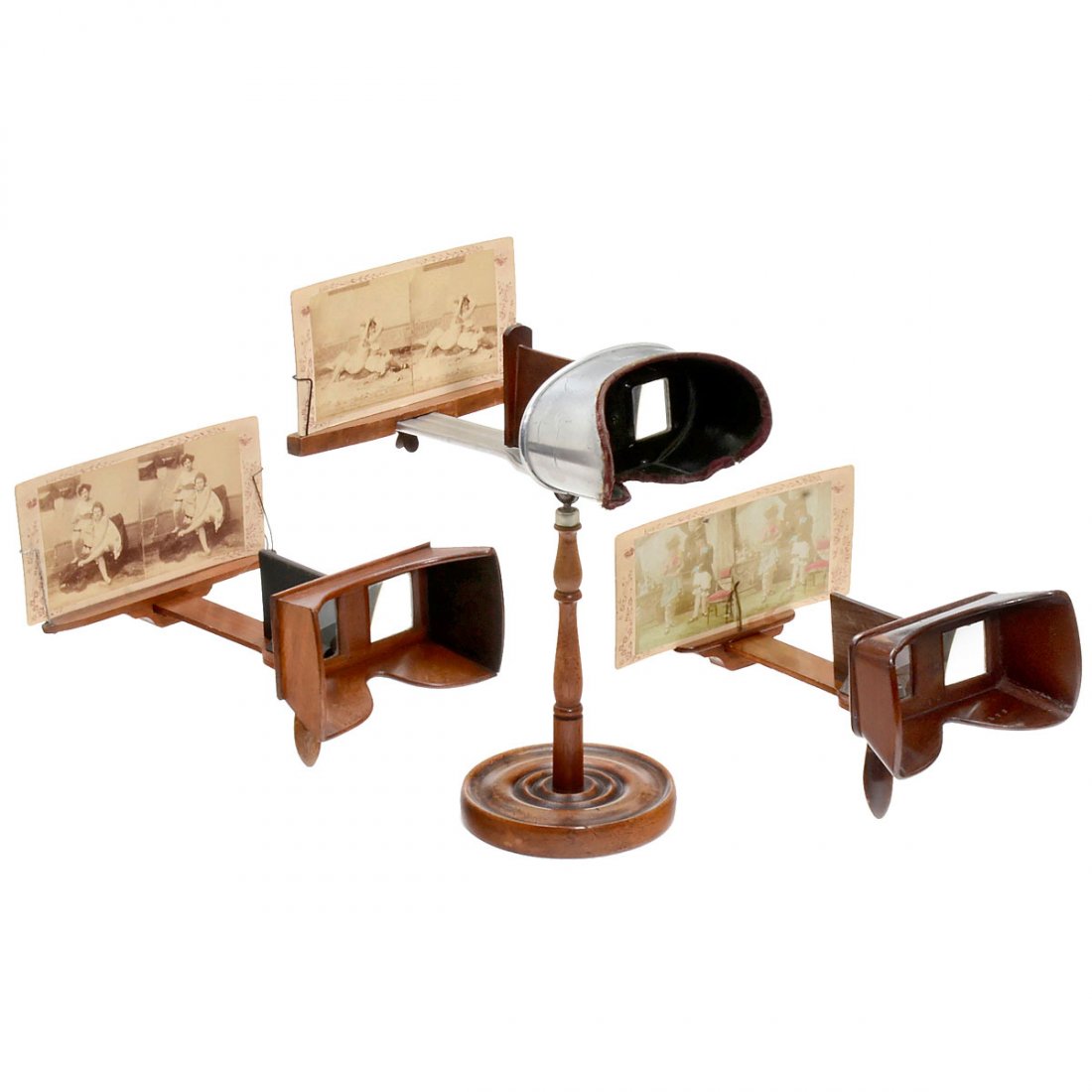 3 Stereo Viewers System Holmes, c. 1900: 3 Stereo Viewers System Holmes, c. 1900 1) H.C. White & Co., New York. "The Perfecscope", stereo viewer for cards of 9 x 18 cm from aluminum and wood, on stand, quadratic prismatic oculars, focusable,