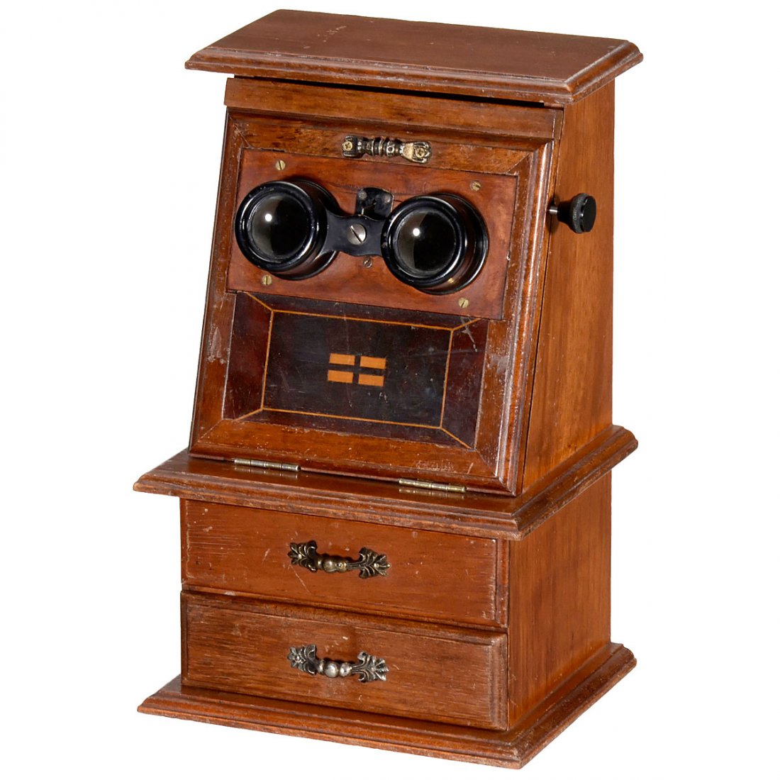 Table Stereo Viewer: Table Stereo Viewer For stereo glass slides, size 45 x 107 mm, with rack-and-pinion focusing, walnut case, 2 drawers, height 10 5/8 in. Tisch-Stereobetrachter Für Stereo-Glasdias, Format 45 x 107 mm,