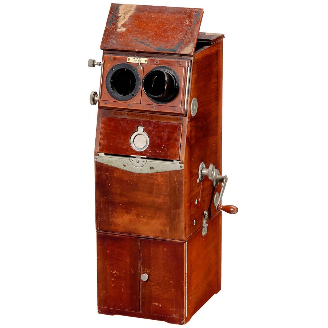 Ernemann Table Stereo Viewer, c. 1910: Ernemann Table Stereo Viewer, c. 1910 Heinrich Ernemann AG, Dresden. For stereo glass slides and paper pictures of 45 x 107 mm, narrow mahogany case on base cabinet for 4 trays, overall height 15 2/5 