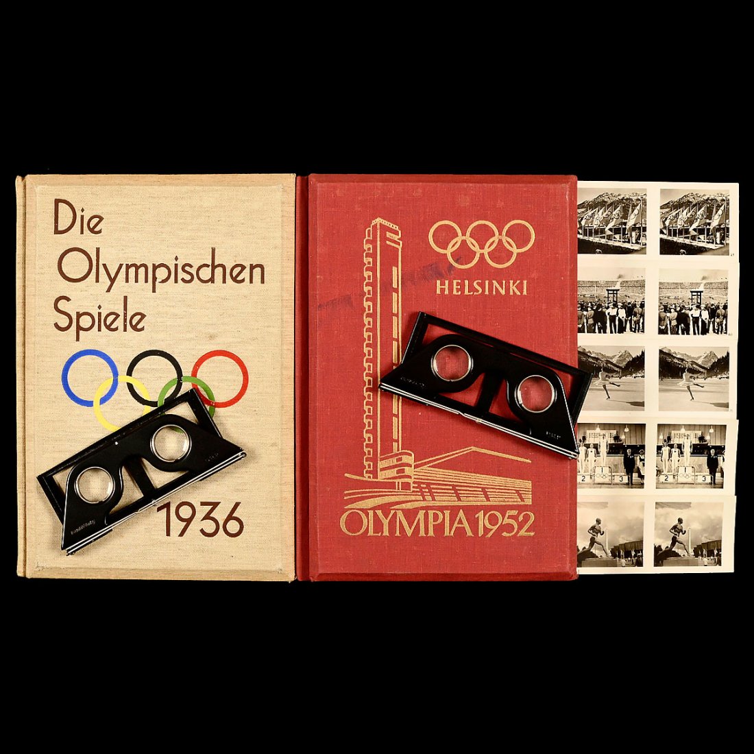 2 Raumbild Stereo Albums "Olympia": 2 Raumbild Stereo Albums "Olympia" Raumbild-Verlag Otto Schönstein. 1) "Die Olympi schen Spiele 1936", 1936, complete with 100 pictures and stereo viewer. – And: 2) "Helsinki. So kämpften sie!", 1