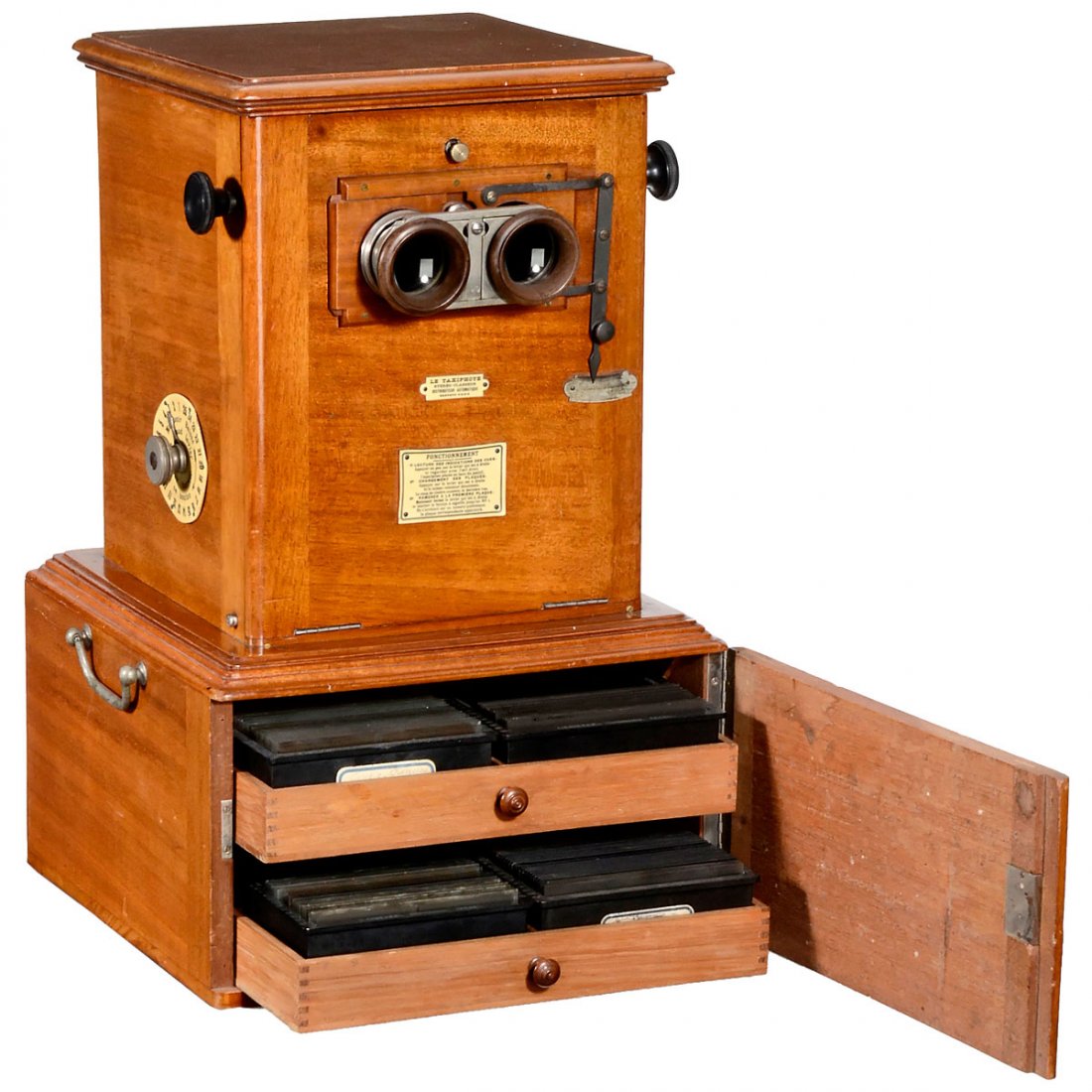 Early "Taxiphote" Table Stereo Viewer, c. 1900: Early "Taxiphote" Table Stereo Viewer, c. 1900 Optical model, manufactured by Jules Richard, Paris. For slides of 60 x 130 mm, focusing via rack and pinion, oculars adjustable. Tropical wood case with