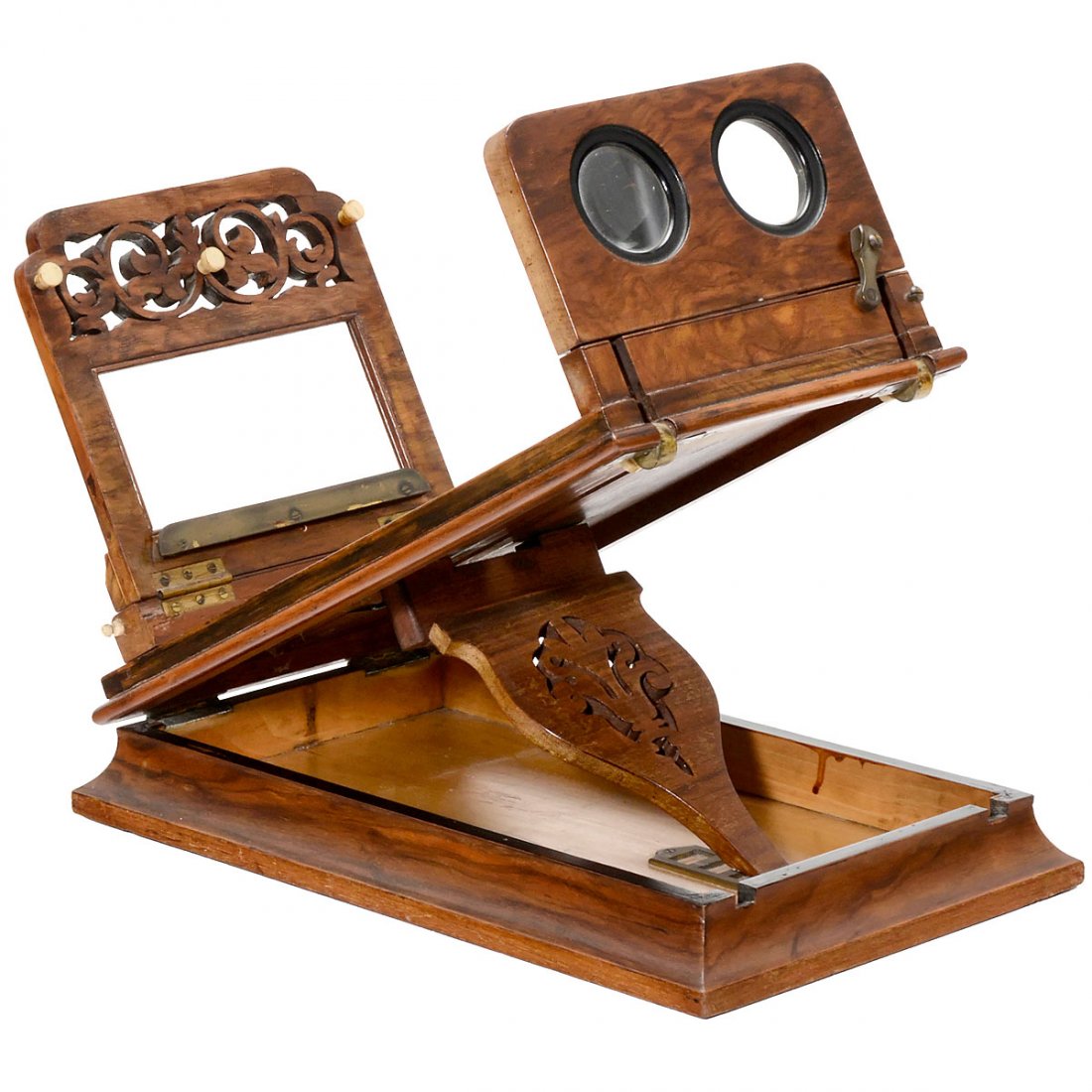 Stereo Graphoscope by E.G. Wood, c. 1870: Stereo Graphoscope by E.G. Wood, c. 1870 E.G. Wood, London. Burr-walnut-veneered body, oculars 1 ¾ in., viewer without loupe for cartes-de-visite and other sizes, for stereo cards of 9 x 18 cm, heigh