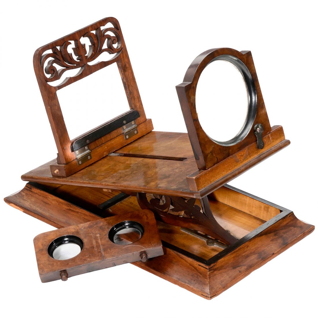 English Stereo Graphoscope, c. 1880: English Stereo Graphoscope, c. 1880 Presumably Rowsell, England. Polished wood, interchangeable loupes for stereo cards of 9 x 18 cm and pictures, loupe Ø 4 in., oculars Ø 1 ½ in., height of the vi