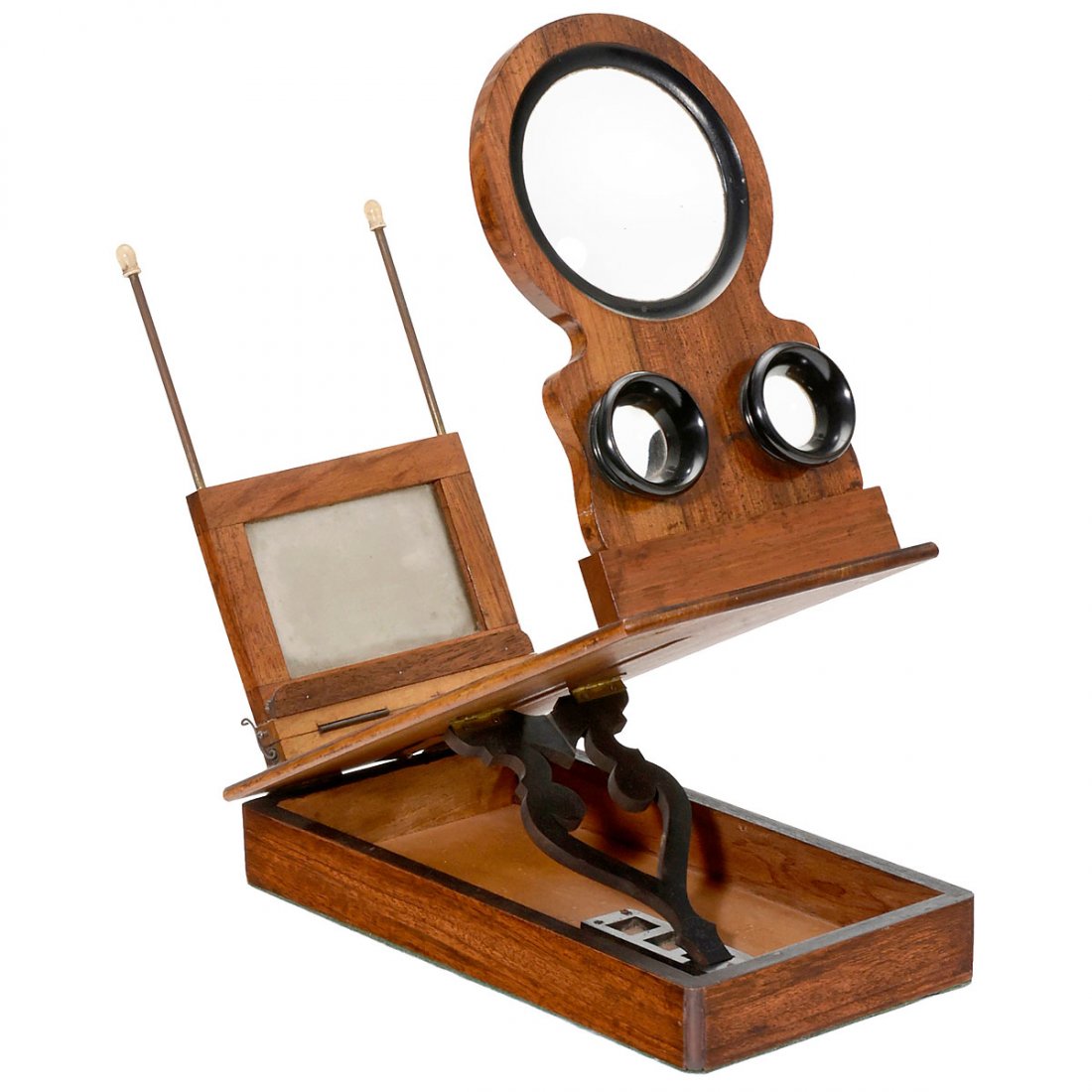 Stereo Graphoscope for Pictures and Slides, c. 1900: Stereo Graphoscope for Pictures and Slides, c. 1900 Unmarked, probably France. For stereo cards of 6 x 13 cm, slides of 7 x 10 cm and other formats, polished wood, loupe 3 ½ in., oculars 1 1/6 in., h
