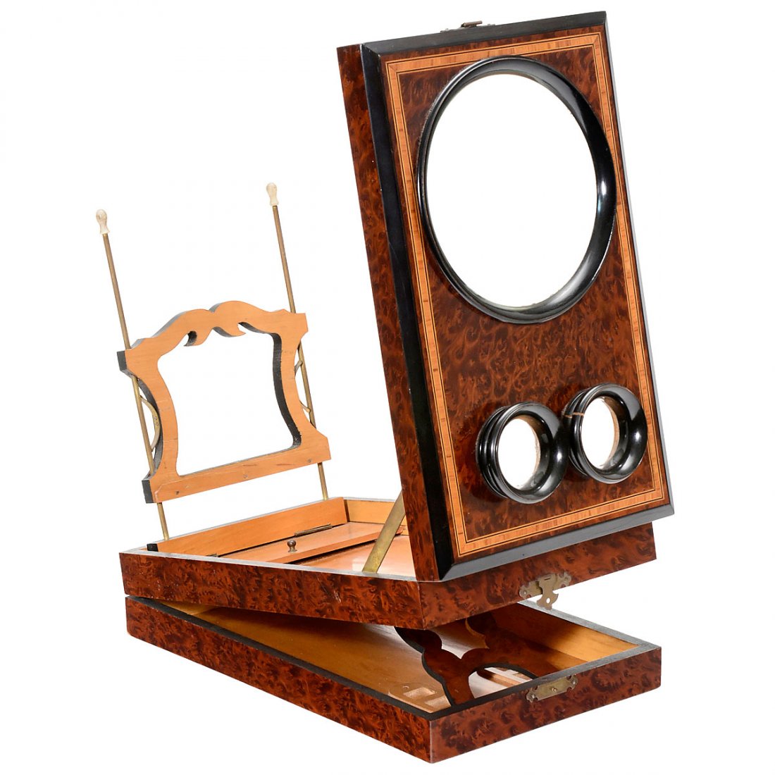 Stereo Graphoscope, c. 1900: Stereo Graphoscope, c. 1900 Unmarked, thuya-veneered body with banding, for stereo cards of 9 x 18 cm and other formats, lens Ø 6 in., large oculars Ø 1 ¾ in., one ocular cracked and one lens chipp