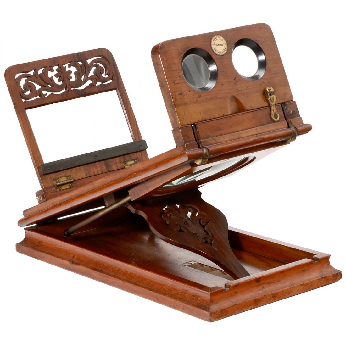 Rowsell's Graphoscope, c. 1865–70: Rowsell's Graphoscope, c. 1865–70 Rowsell, England. Early stereo graphoscope, polished wood, lens Ø 4 ¾ in., oculars 1 3/5 in., for stereo cards of 9 x 18 cm and other formats, height of the viewe