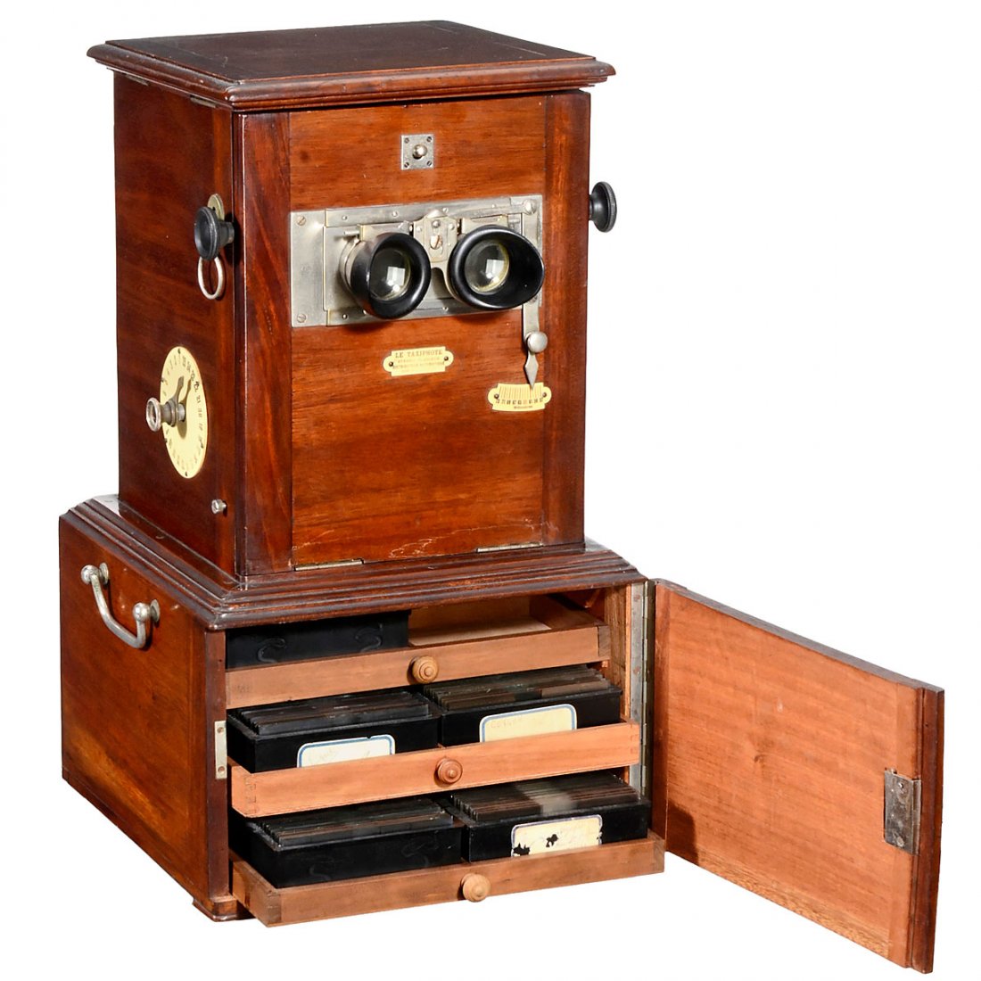 "Taxiphote" Table Stereo Viewer, c. 1910: "Taxiphote" Table Stereo Viewer, c. 1910 Model Mechanique, manufactured by Jules Richard, Paris. For slides of 45 x 107 mm, with 10 magazines. Well preserved polished wood body with nickeled-brass fit
