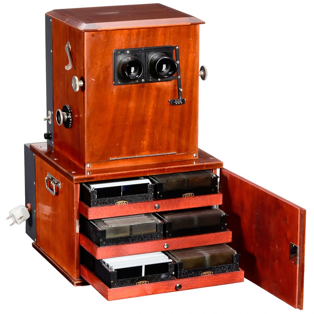 Ica Multiplast Stereo Viewer, c. 1915: Ica Multiplast Stereo Viewer, c. 1915 Ica, Dresden. For slides of 6 x 13 cm, tropical wood, nickel fittings, height 21 in., lateral counter 1–25, adjustable eyepieces (60–70), electric lighting, w