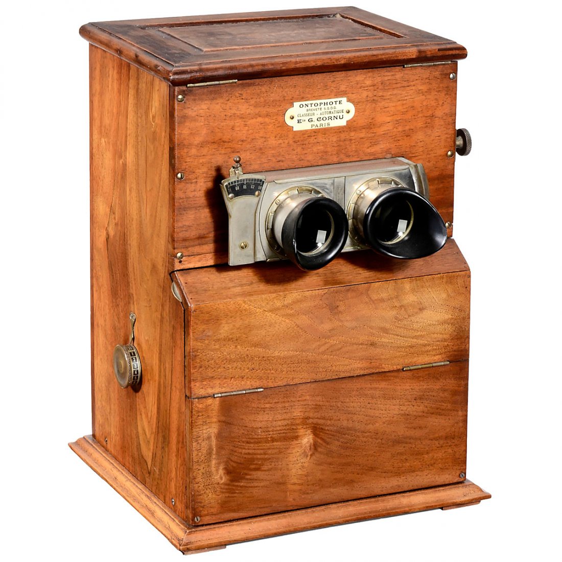 Ontophote Classeur Automatique Stereo Viewer, c. 1910: Ontophote Classeur Automatique Stereo Viewer, c. 1910 Manufactured by Gustave Norbert Cornu, Paris. Wooden table viewer for 20 stereo slides of 6 x 13 cm, polished walnut case, focusing via rack and p