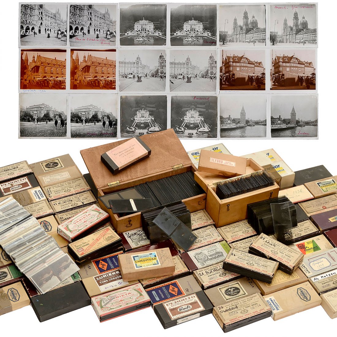 Large Collection of Stereo Glass Slides 6 x 13 cm: Large Collection of Stereo Glass Slides 6 x 13 cm Approx. 1.700 slides, amateur pictures, European towns and landscapes, portraits and family photos, mostly in cardboard boxes or cases, c. 1915–1940