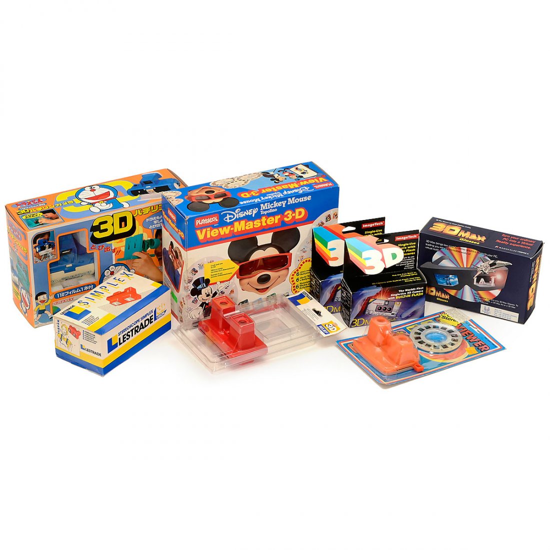 Collection of Stereo Viewers and Cameras: Collection of Stereo Viewers and Cameras 1) Disney Mickey Mouse View-Master 3-D. – 2) 2 x Lestrade Stereoscope Simplex. – 3) 3D Max Glasses, for computer games. – 4) Camera and viewer by Bandai.