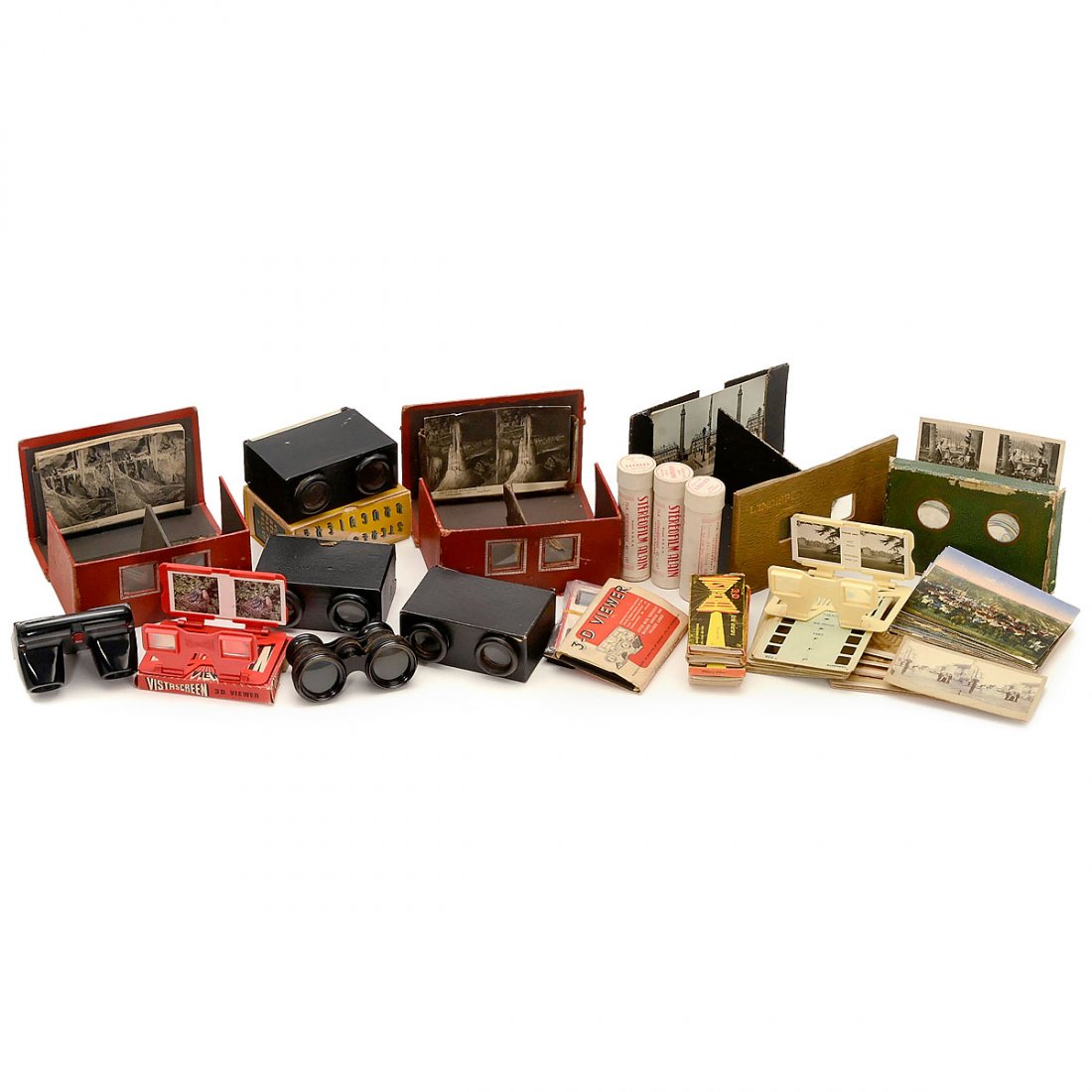 Group of Stereo Viewers and more: Group of Stereo Viewers and more Simple pocket of souvenir viewers, including "Stereoscope No. 1", "Vistascreen", "3-D Viewer", "Vues Stéréoscopique", "Stereo CC", "L'Indispensable", "Oxo" and other
