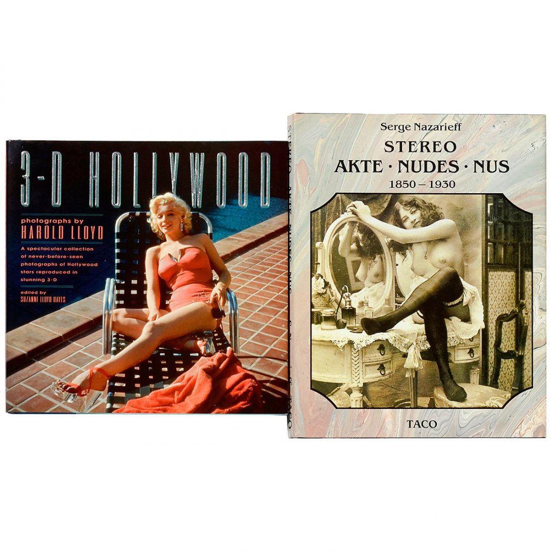 2 Stereo Illustrated Books: 2 Stereo Illustrated Books 1) Edited by Lloyd Hayes, "3-D Hollywood", 1992, 95 pages, size 10 x 10 in., with stereo glasses. – And: 2) Serge Nazarieff, "Stereo Akte – Nudes – Nus 1850–1930", 1