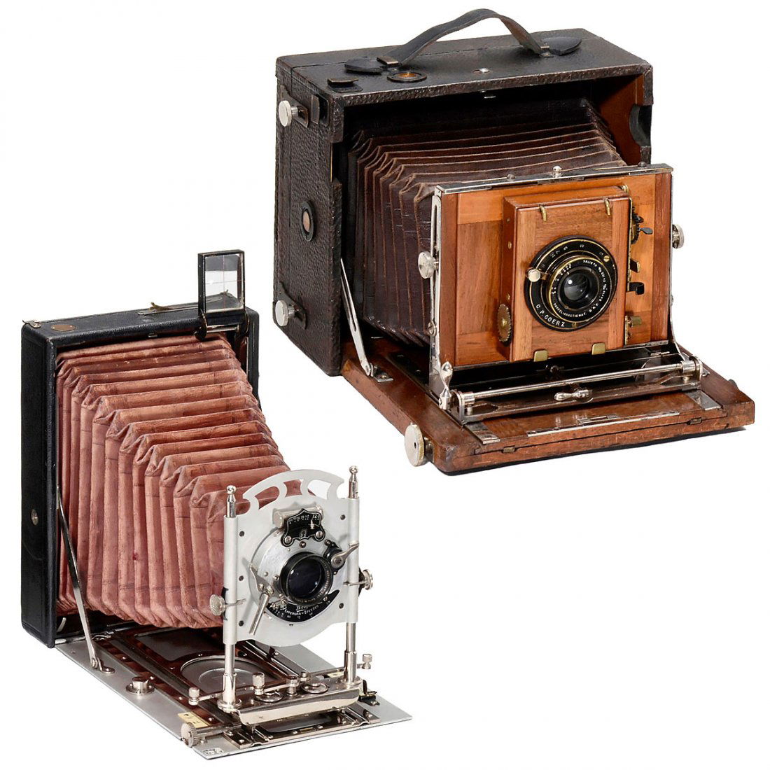 Ernemann Edison-Röntgen I and Heag XII: Ernemann Edison-Röntgen I and Heag XII Ernemann, Dresden. 1) Edison-Röntgen I, 1898, folding-bed camera for plates of 13 x 18 cm, wooden camera with black-leather covering, Goerz Doppel-Anastigmat S