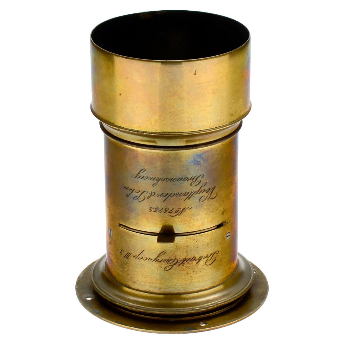 Voigtländer Portrait Euryscop III, 3A, 1904: Voigtländer Portrait Euryscop III, 3A, 1904 No. 3A. Focal length 8 2/3 in., front lens Ø 2 in., for pictures of 5 x 8 in., angle 56°, no. 78753, waterhouse stops (one included). With lens connectin