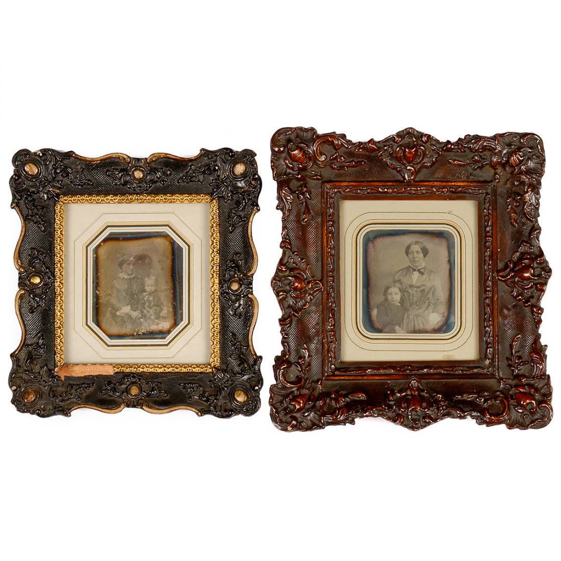 2 Daguerreotypes (Mother with Child), c. 1845: 2 Daguerreotypes (Mother with Child), c. 1845 Presumably both from Germany. ¼ plates (?), one daguerreotype marked "D. Alberti Berlin Rosenthaler Str. 40", visible images 6 x 7 cm, tarnished, nice an