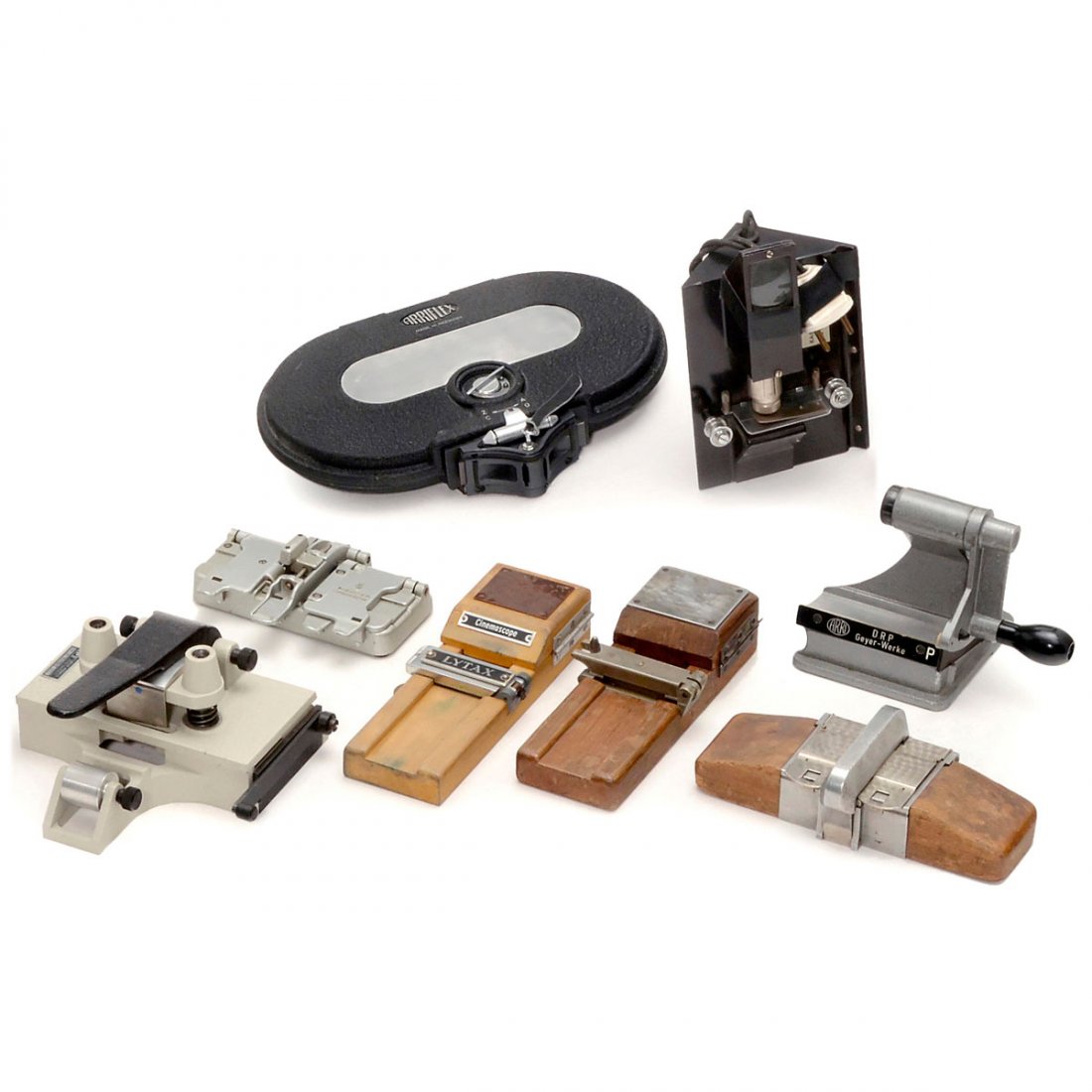 35mm and 16mm Movie Film Splicers and Accessories: 35mm and 16mm Movie Film Splicers and Accessories 8mm film viewer, Arri 16mm cassette (without motor), wooden film splicers. Klebepressen und Filmzubehör für 35 und 16 mm 8mm-Betrachter, Arri-16mm-K