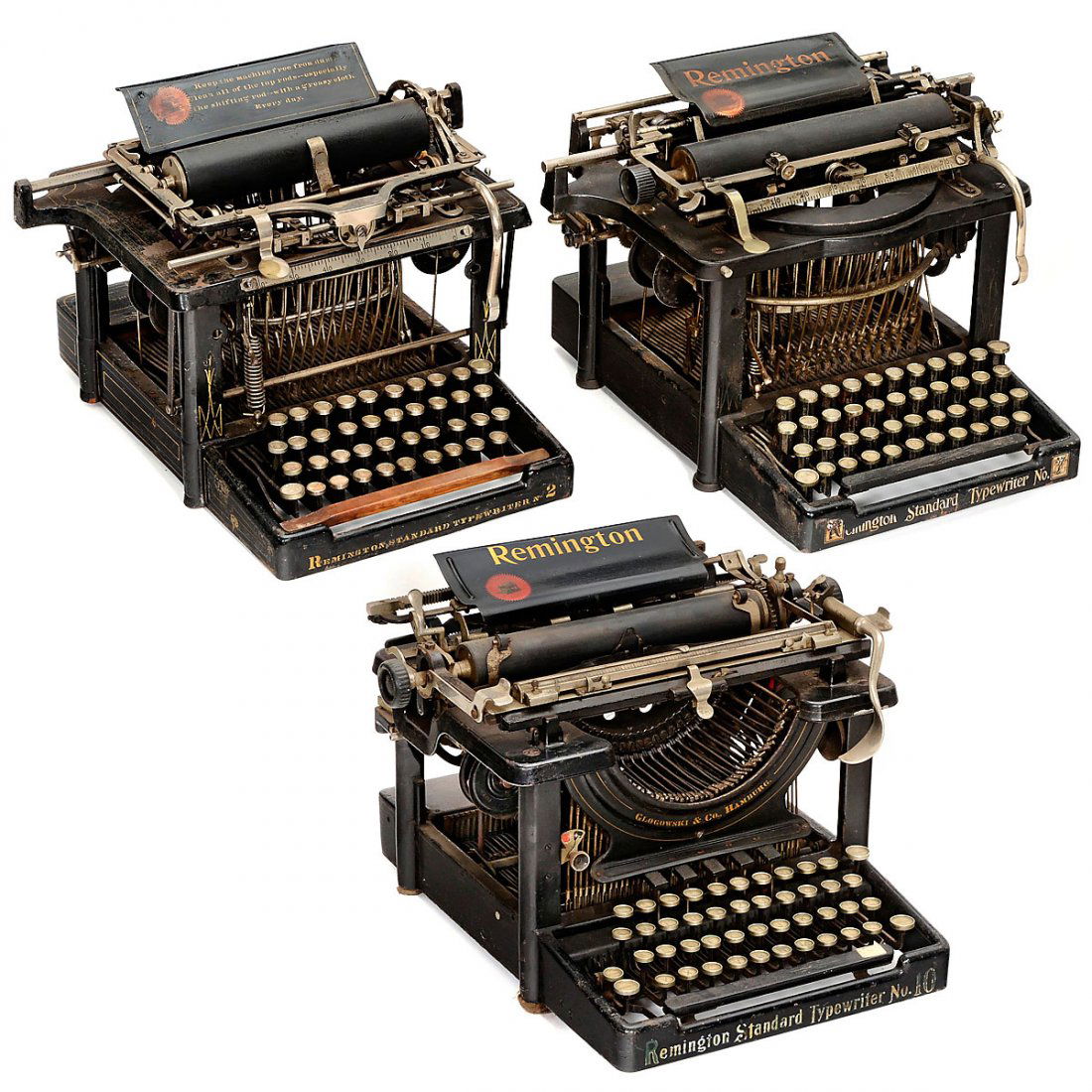 3 Remington Typewriters: 3 Remington Typewriters 1) "Remington Standard No. 2", 1879. Early American upstroke machine, successor of famous Sholes & Glidden, the first successful typewriter in the world. Serial no. 88874. (3/3