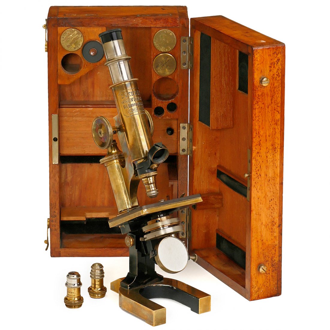 Reichert Compound Monocular Microscope, c. 1890: Reichert Compound Monocular Microscope, c. 1890 Signed on the foot "C. Reichert, Wien", and on the tube "C. Reichert, Wien, VIII. Bennogasse", no. 10089, lacquered brass, double-mirror, swiveling cond