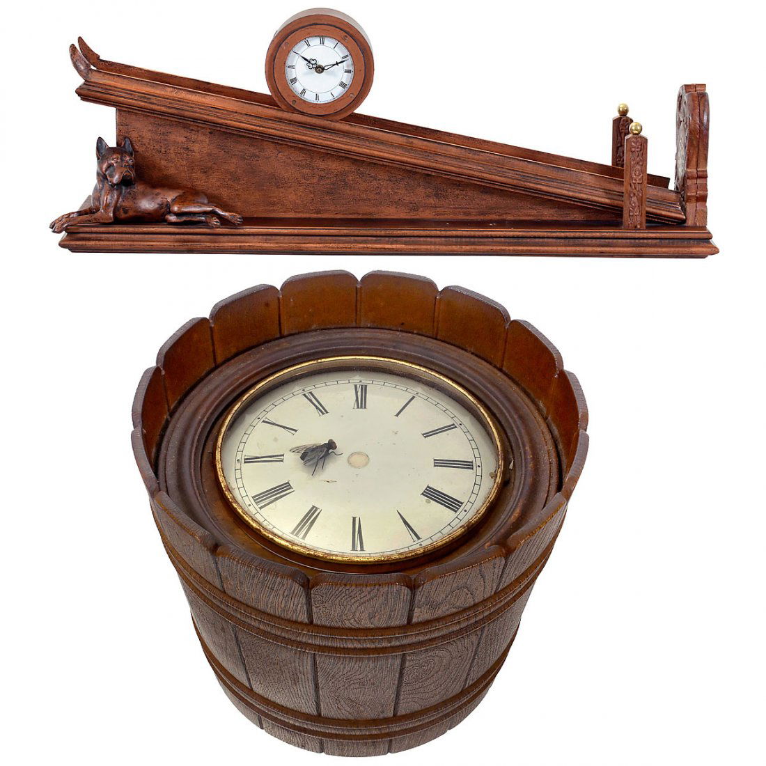2 Curious Clocks: 2 Curious Clocks 1) Clock on inclined plane, driven by its own weight, spring-driven, overall width 28 ¾ in. – And: 2) Fly clock, mechanical, with a magnetic fly as the hour-hand, Ø 9 ½ in. 2 kur