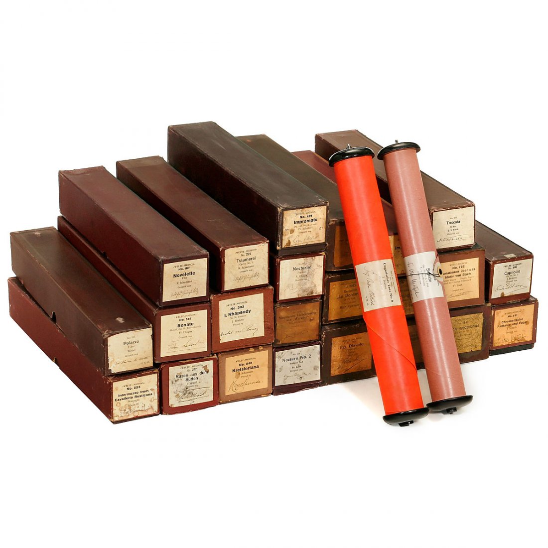 25 Welte Red Pianola Rolls, c. 1920: 25 Welte Red Pianola Rolls, c. 1920 With following titles and interpreters: 104 – Nocturne – No. 2 "Seliger Tod" – Liszt, Franz – Adam-Bernard, E.; 187 – Novelette – F-Dur – Schumann, Ro