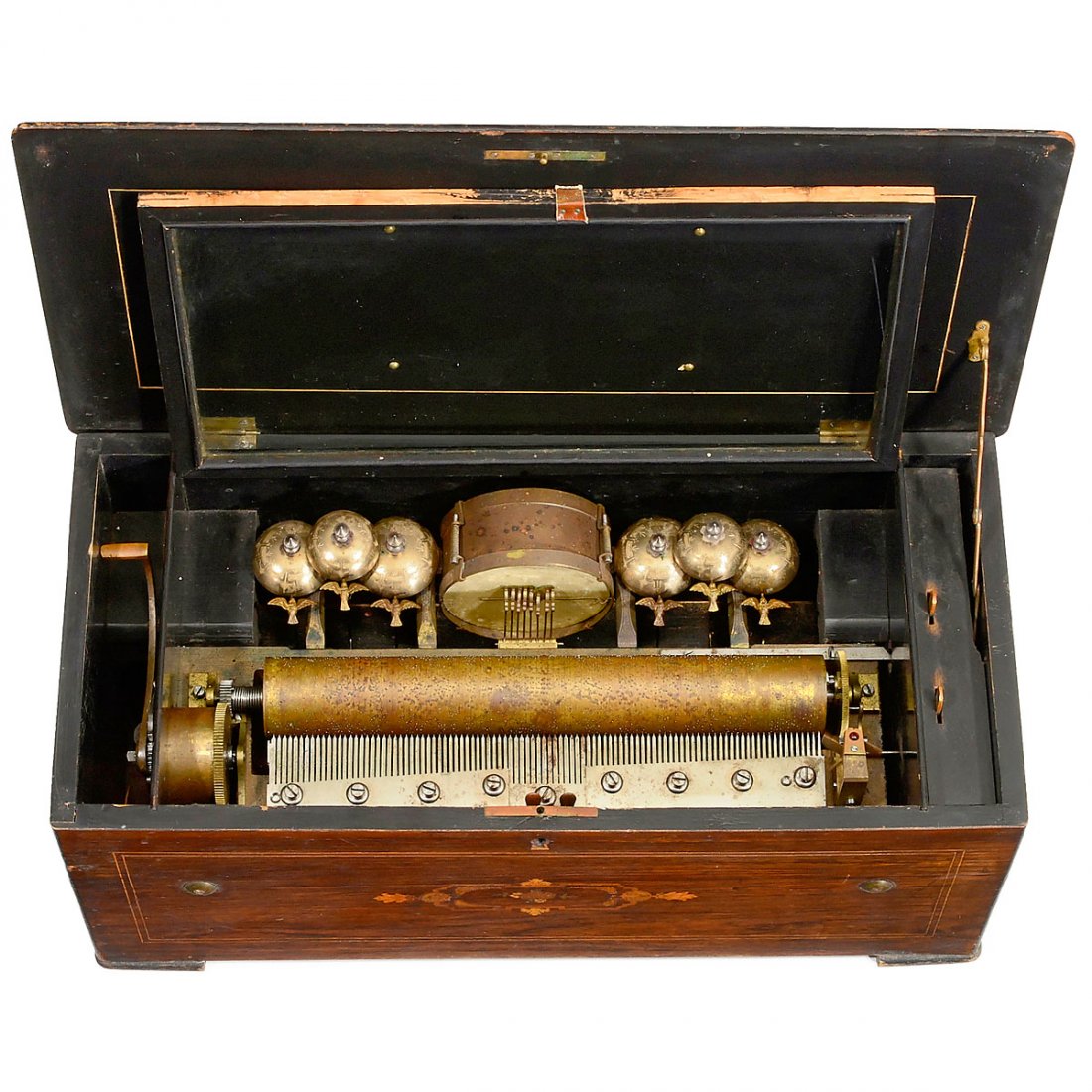 Drum and Bells Musical Box by Bremond, c. 1880: Drum and Bells Musical Box by Bremond, c. 1880 Playing eight airs accompanied by drum and six engine-turned bells with bird strikers, with 86 musical and 14 percussion teeth in three combs (all comple