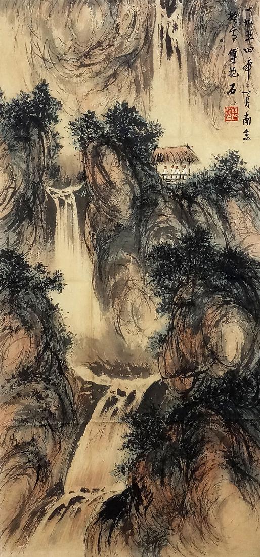 FU BAOSHI (1910-1997) LANDSCAPE: CHINESE HAND PAINTING ON PAPER, SEAL AND SIGNED; 95 X 45 CMã€€